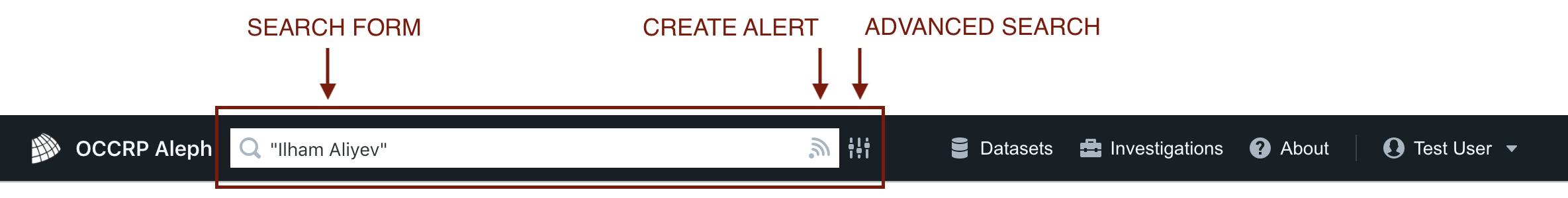A screenshot of the search bar in the top navigation bar in Aleph. Red labeled arrows highlight (from left to right) the search from, the “Create alert” button, and the “Advanced search” button.